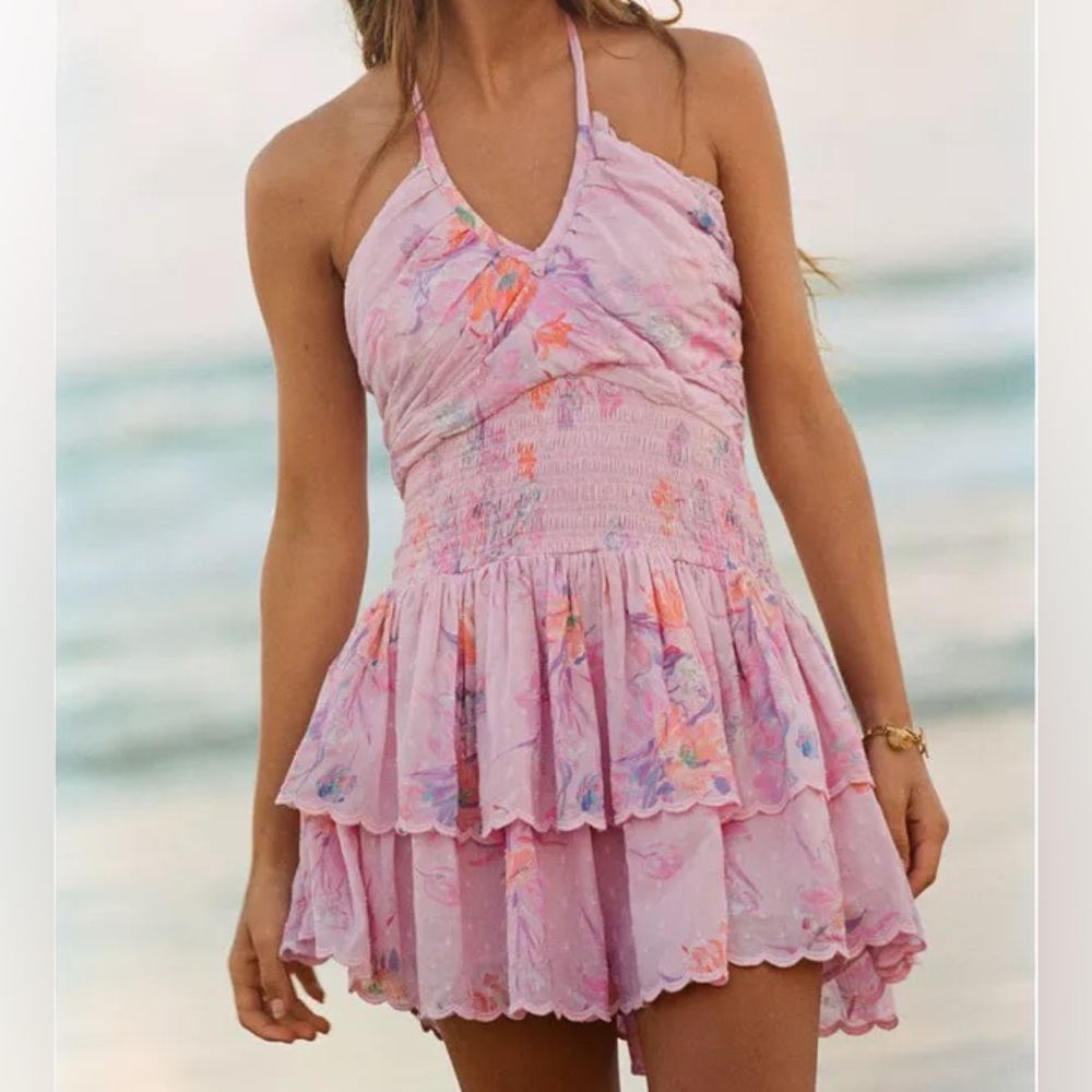 LoveShackFancy Pink Floral Ruffle Halter Dress
